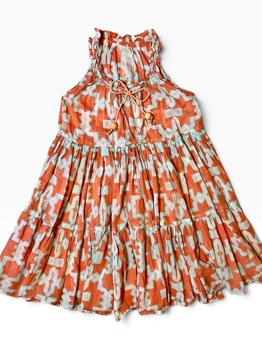 Yvonne S. Handmade Mini Hippie Dress Orange Teal Geometric Size XS NWOT